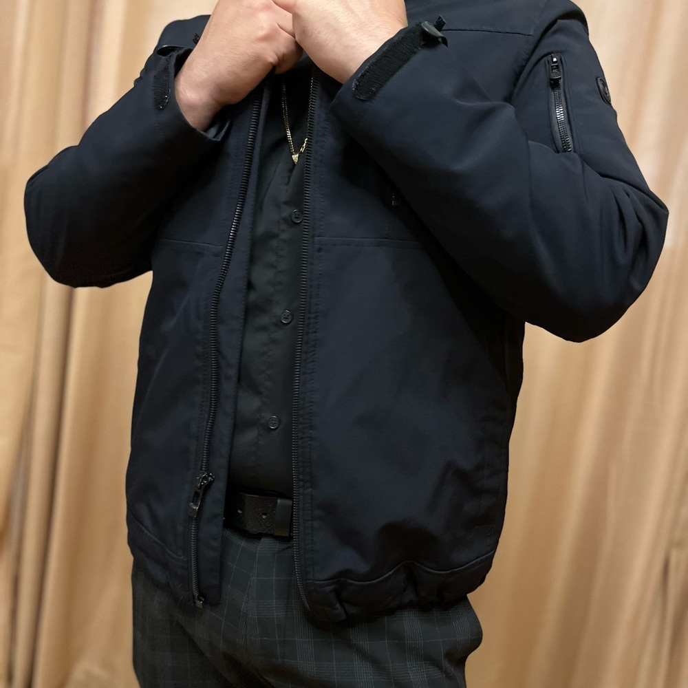 Calvin Klein Black Bomber Jacket with High Collar and Water-Resistant Fabric